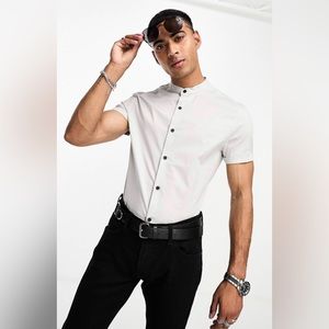 skinny fit band collar shirt in pale gray